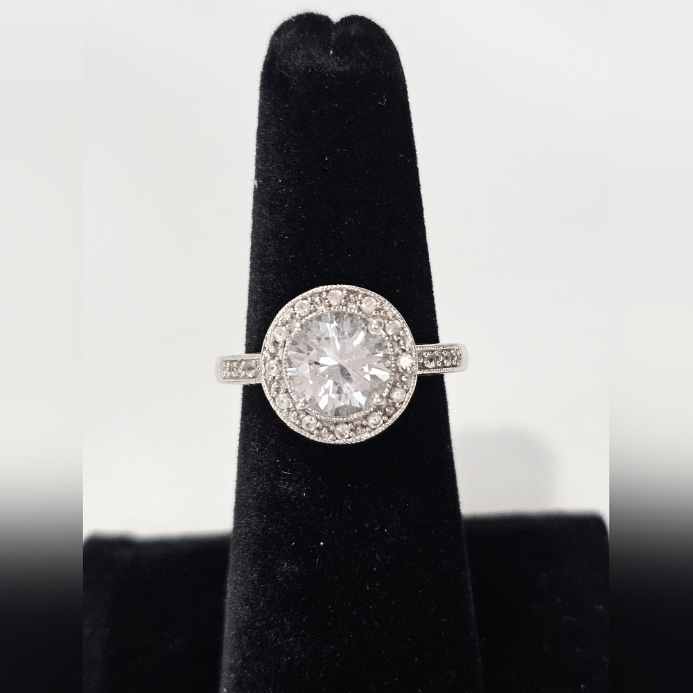 Helzberg - White Sapphire,  Sterling Silver 925, Halo Ring, Size 6